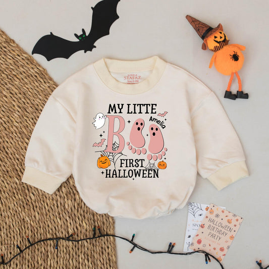 Personalized My Little Boo Baby Romper First Halloween Outfit featuring a cute Ghost Bodysuit perfect for celebrating their very first spooky season as a memorable gift.