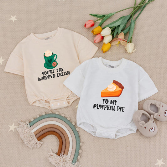 Matching Twin Thanksgiving Rompers 'You're The Whipped Cream To My Pumpkin Pie' Baby Outfits Fall Holiday Bodysuits
