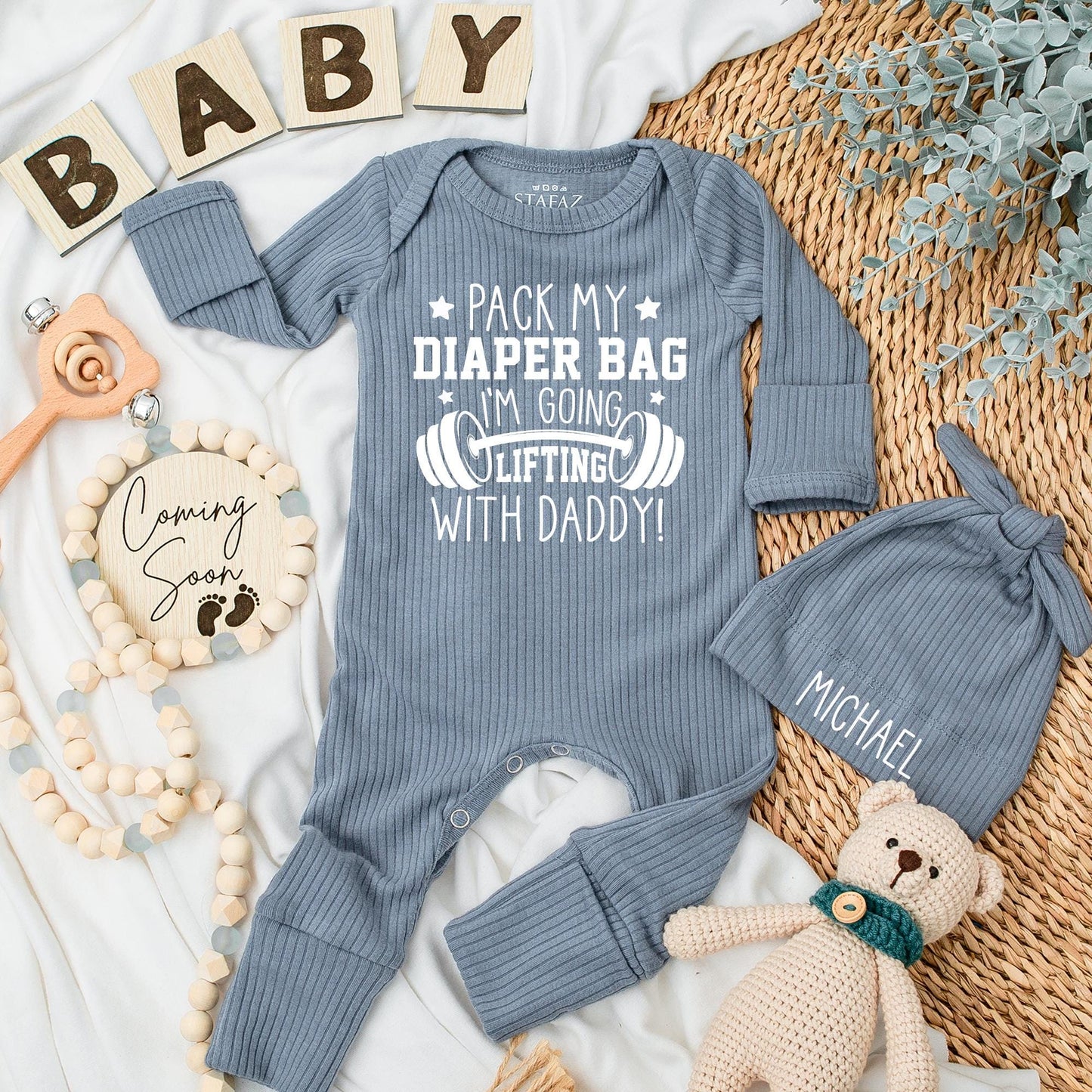 Pack My Diaper Bag I'm Going Lifting with Daddy Baby Bodysuit Funny Gym Clothes Custom Newborn Romper Fitness Workout Gift Idea