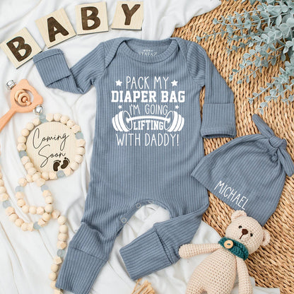 Pack My Diaper Bag I'm Going Lifting with Daddy Baby Bodysuit Funny Gym Clothes Custom Newborn Romper Fitness Workout Gift Idea
