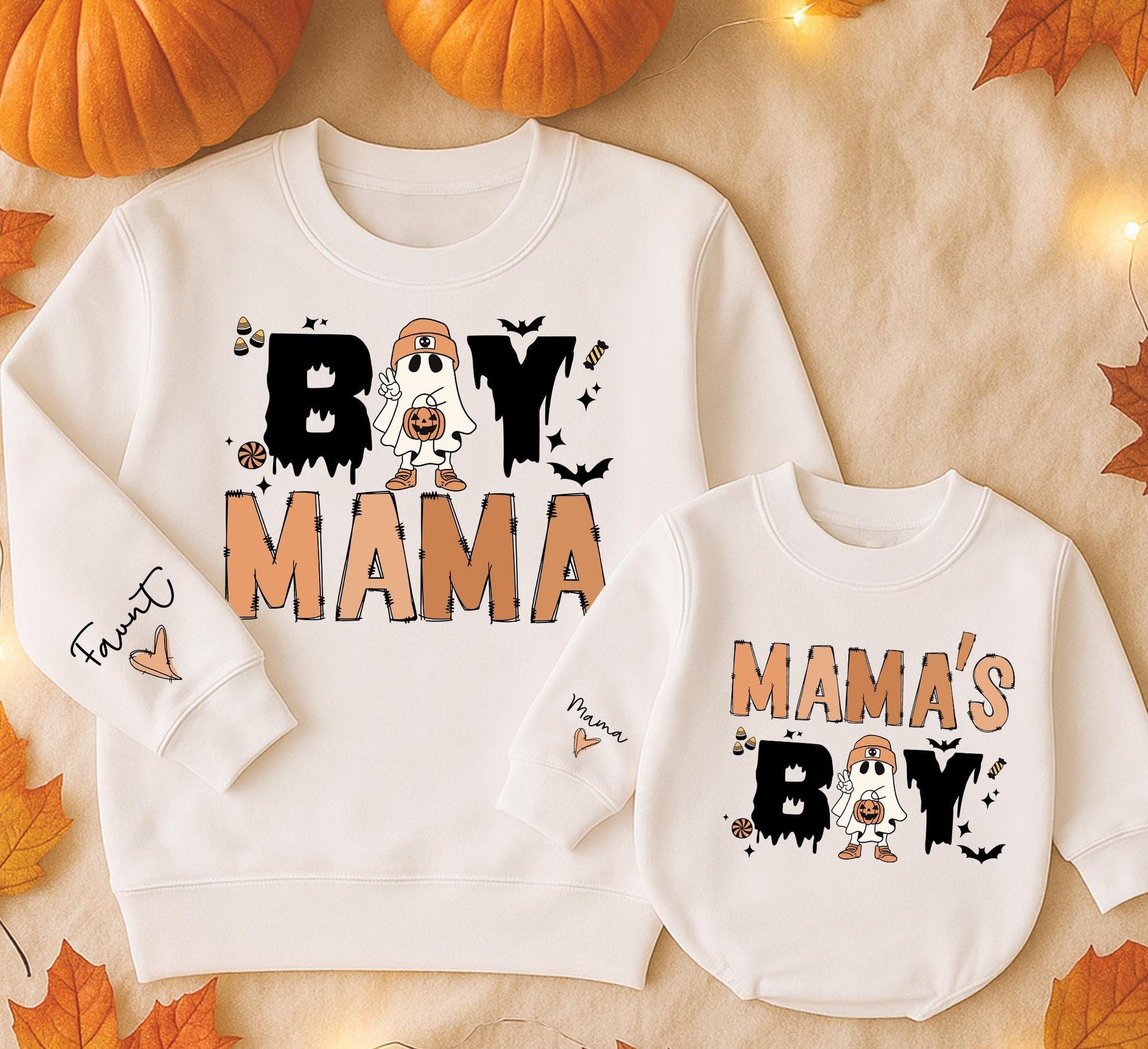 Boy Mama Halloween Matching Sweatshirts, Spooky Season Family Outfit, Ghost Bats Candy Design, Holiday Gifts for Mom & Baby, Custom Clothes 138