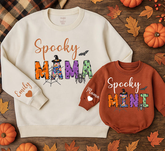 Spooky Matching Family Sweatshirt Set: Bronze Cursive 'Spooky' Design with Halloween Patterned Mama & Mini Shirts
