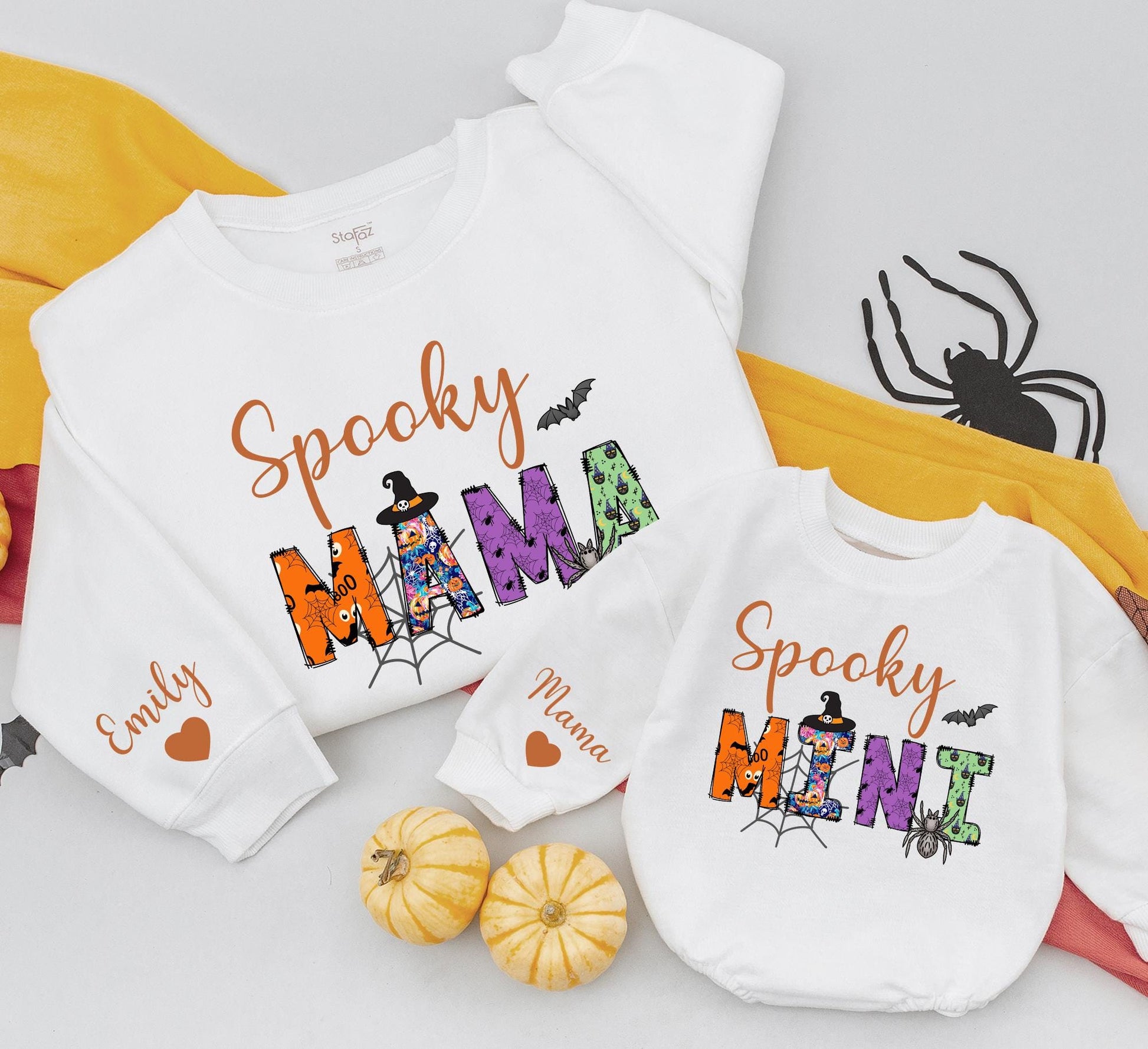 Spooky Matching Family Sweatshirt Set: Bronze Cursive 'Spooky' Design with Halloween Patterned Mama & Mini Shirts