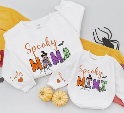 Spooky Matching Family Sweatshirt Set: Bronze Cursive 'Spooky' Design with Halloween Patterned Mama & Mini Shirts