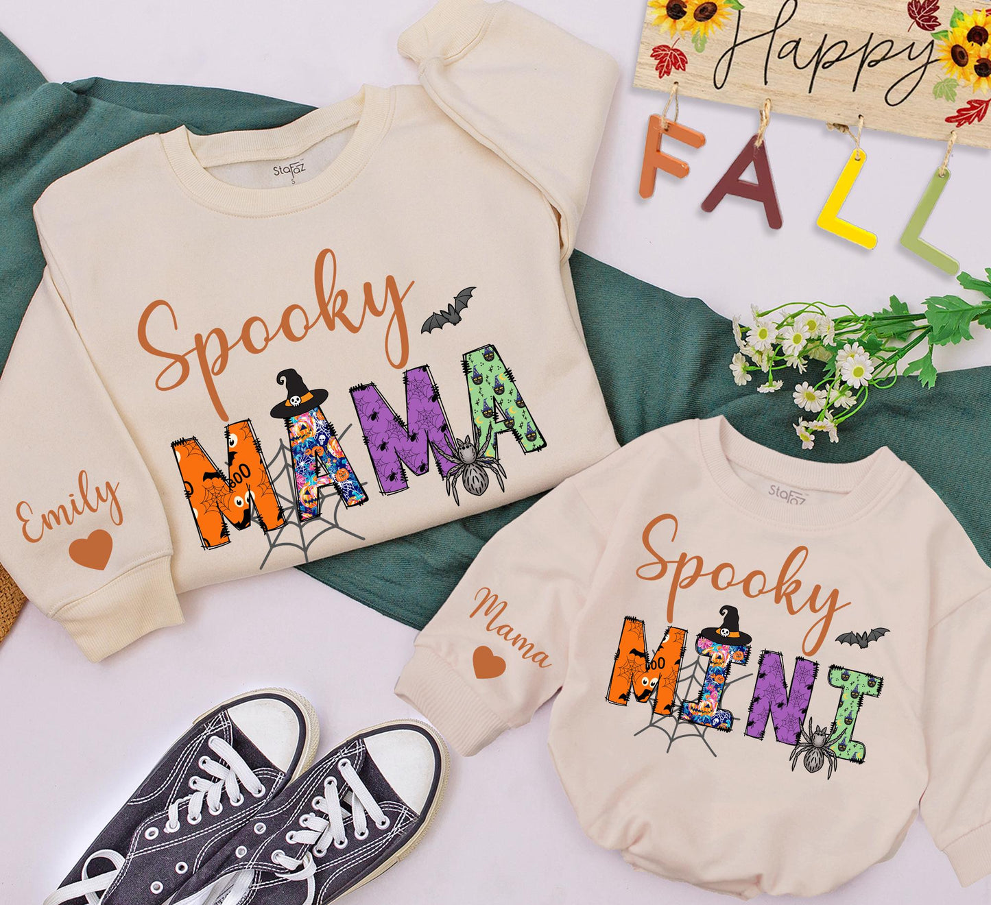 Spooky Matching Family Sweatshirt Set: Bronze Cursive 'Spooky' Design with Halloween Patterned Mama & Mini Shirts