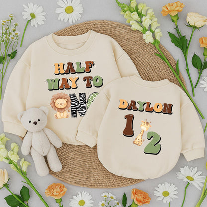 Baby Boy Half Birthday Safari Outfit Custom Name "Half Way to One" Lion Zebra Green Khaki Retro