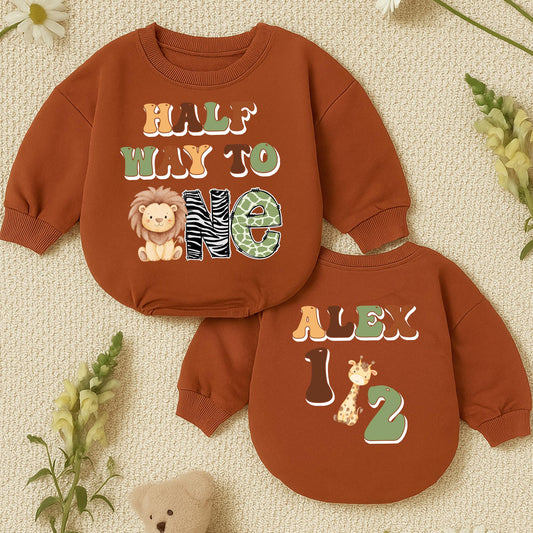 Baby Boy Half Birthday Safari Outfit Custom Name "Half Way to One" Lion Zebra Green Khaki Retro