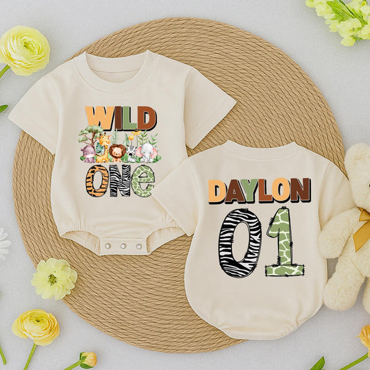 Wild One Safari Birthday Romper Personalized Daylon 01 Jungle Animals Baby Toddler Outfit First Birthday Boy Girl Gift
