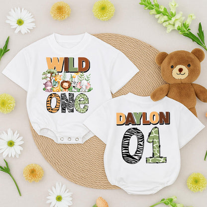Wild One Safari Birthday Romper Personalized Daylon 01 Jungle Animals Baby Toddler Outfit First Birthday Boy Girl Gift