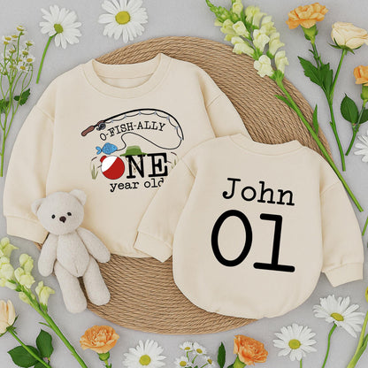 O-Fish-Ally One Birthday Baby Romper Fishing Bobber Reeds Blue Fish Green Hat John 01 First Birthday Outfit Toddler Fun Celebration Clothes