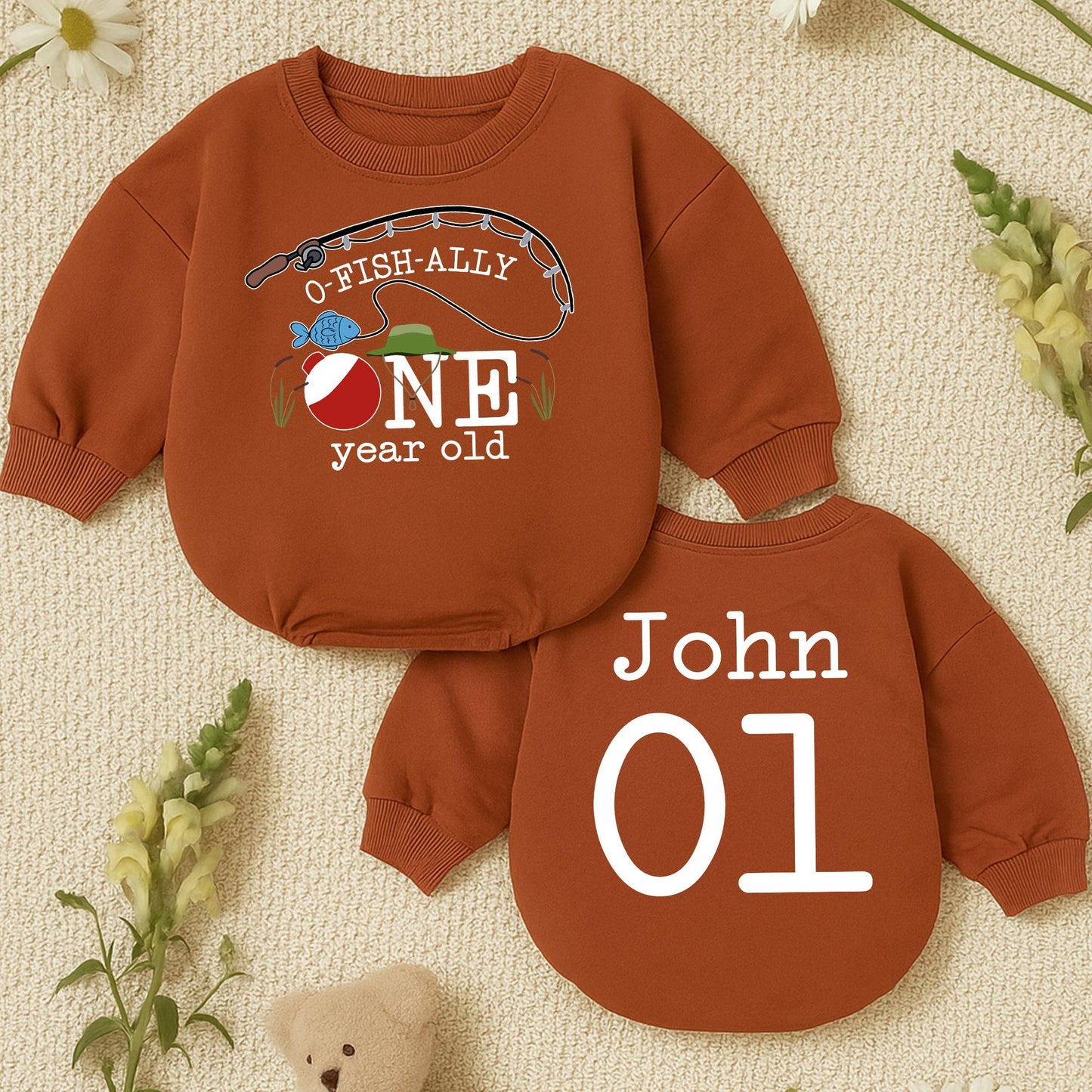 O-Fish-Ally One Birthday Baby Romper Fishing Bobber Reeds Blue Fish Green Hat John 01 First Birthday Outfit Toddler Fun Celebration Clothes
