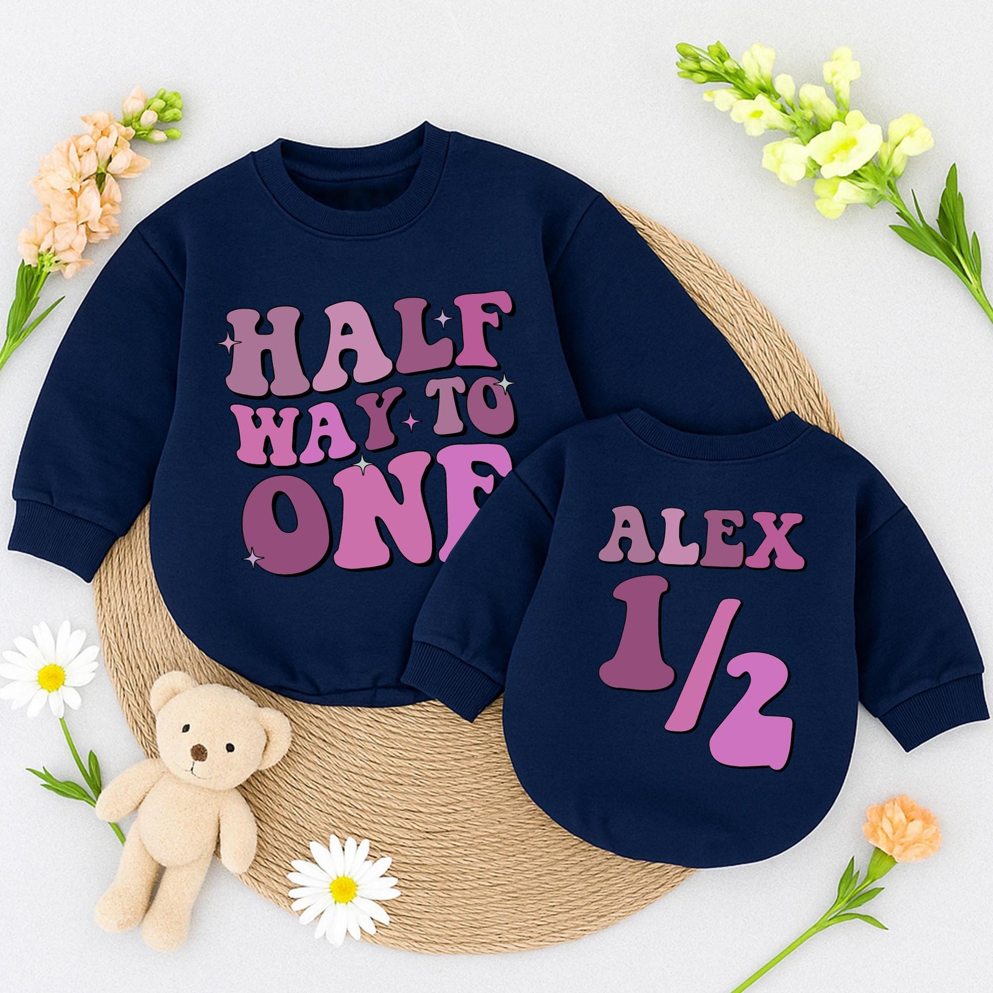 Personalized Half Way to One Romper Retro Birthday Outfit Custom Name 6 Month Bodysuit Pink Purple Star Design Baby Boy Shower Gift Vintage Style (138 chars)