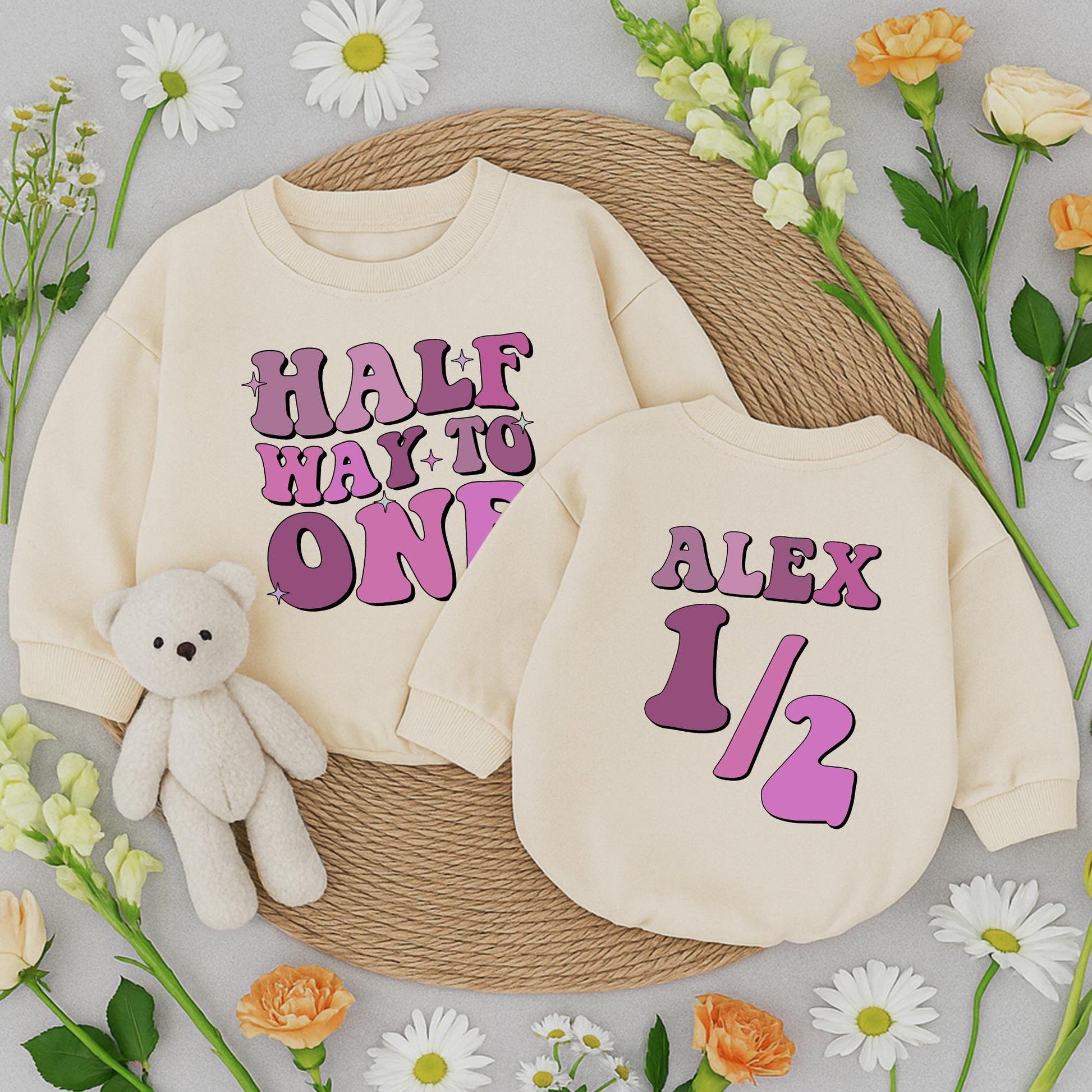 Personalized Half Way to One Romper Retro Birthday Outfit Custom Name 6 Month Bodysuit Pink Purple Star Design Baby Boy Shower Gift Vintage Style (138 chars)