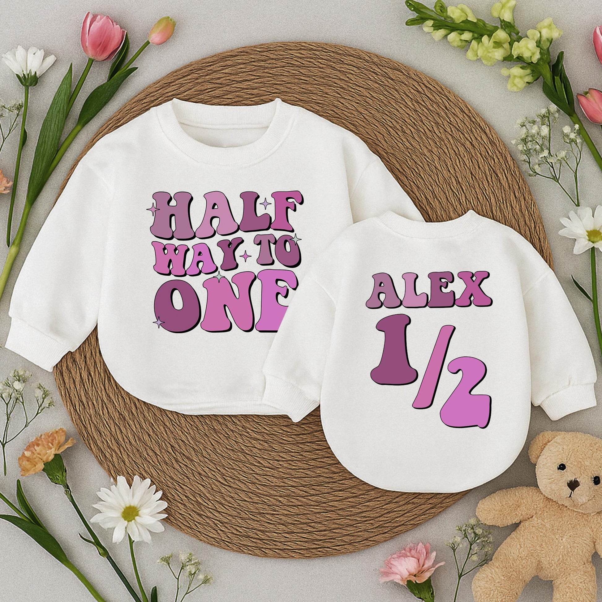 Personalized Half Way to One Romper Retro Birthday Outfit Custom Name 6 Month Bodysuit Pink Purple Star Design Baby Boy Shower Gift Vintage Style (138 chars)