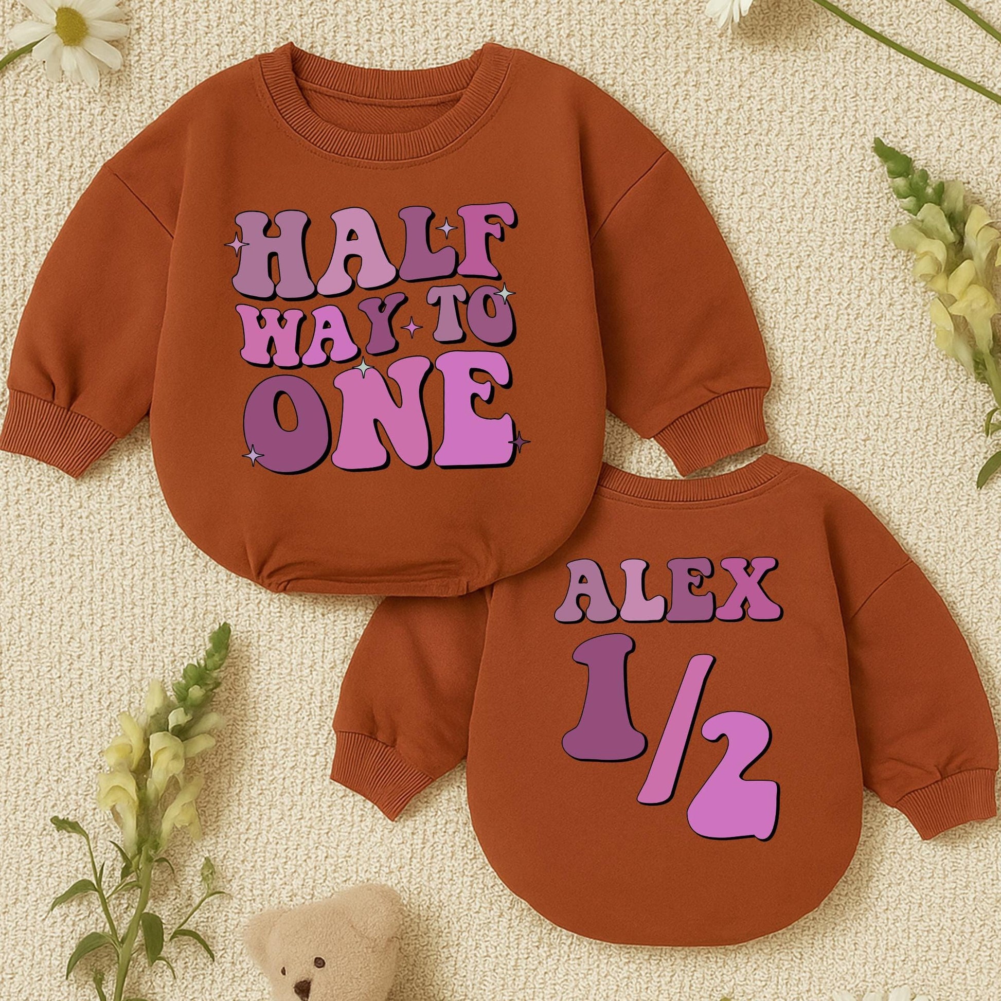 Personalized Half Way to One Romper Retro Birthday Outfit Custom Name 6 Month Bodysuit Pink Purple Star Design Baby Boy Shower Gift Vintage Style (138 chars)