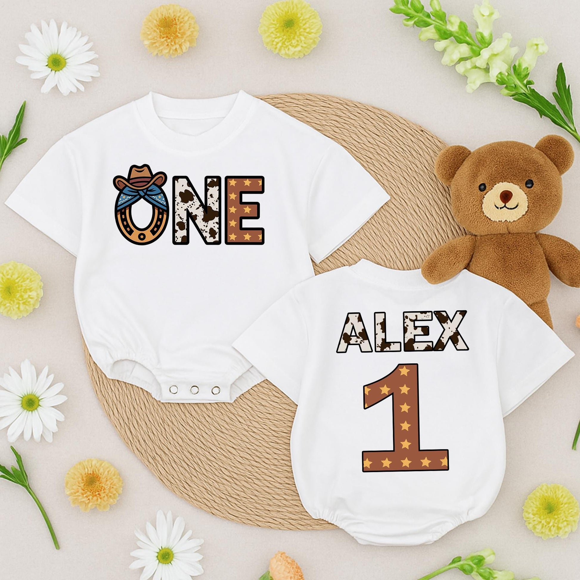 Personalized Cowboy 1st Birthday Outfit Baby Boy Girl One Year Old Western Romper Custom Name Cowhide Print Rodeo Party Clothes Soft Cotton Gift 138 chr