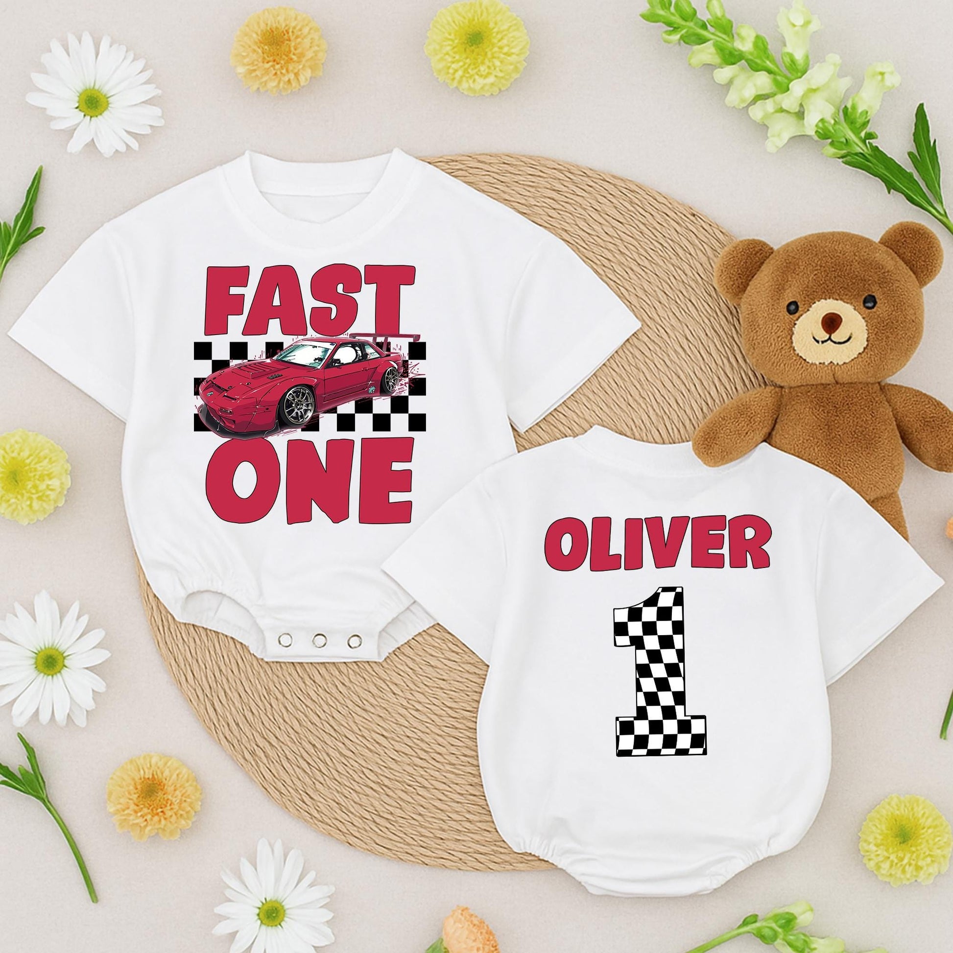 Fast One Race Car Birthday Outfit Boy or Girl, First Birthday Romper, Red Checkered Flag Number One Personalized Racing Theme Baby Clothes 1st Bday