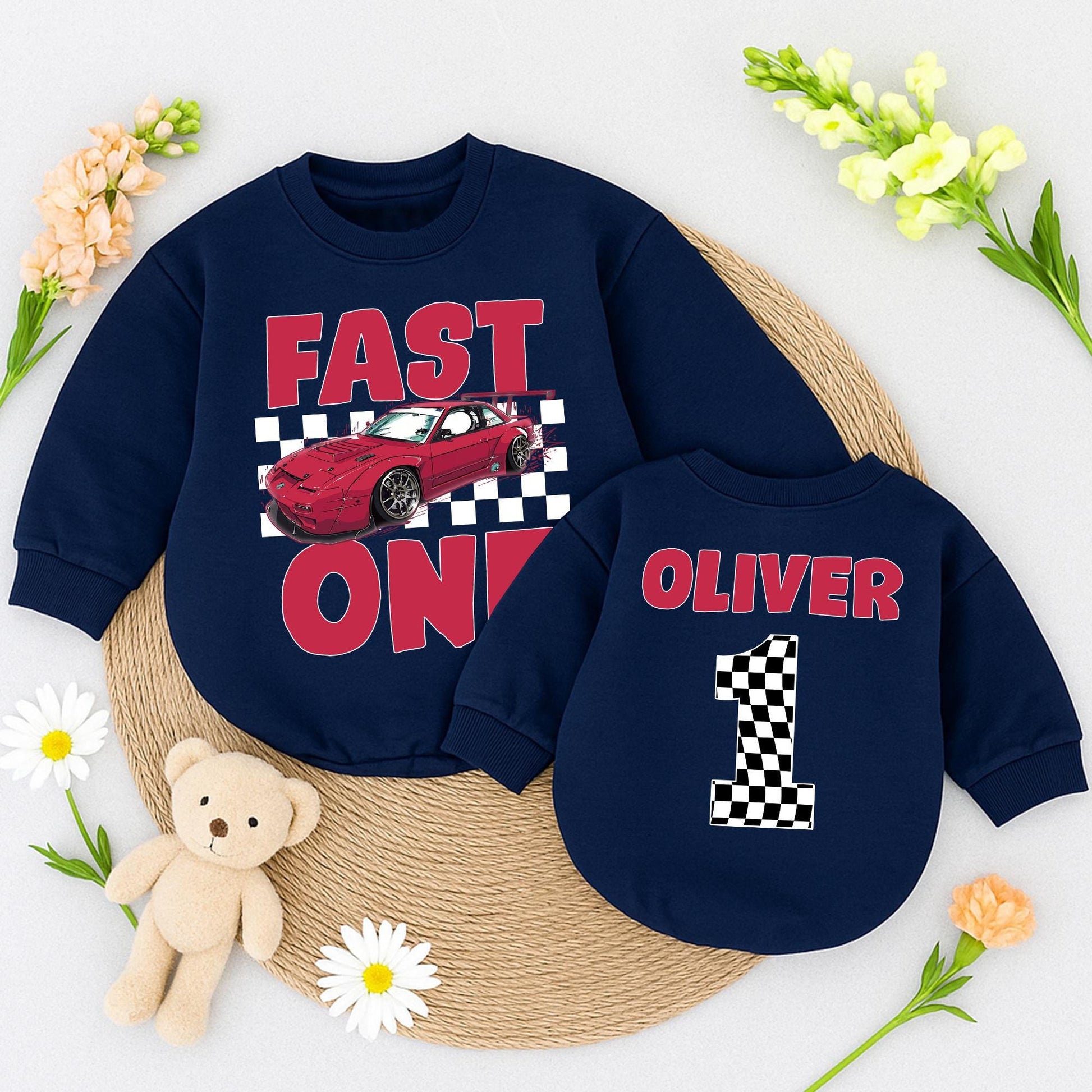 Fast One Race Car Birthday Outfit Boy or Girl, First Birthday Romper, Red Checkered Flag Number One Personalized Racing Theme Baby Clothes 1st Bday