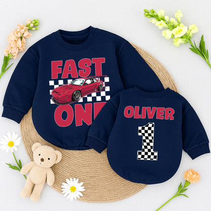 Fast One Race Car Birthday Outfit Boy or Girl, First Birthday Romper, Red Checkered Flag Number One Personalized Racing Theme Baby Clothes 1st Bday