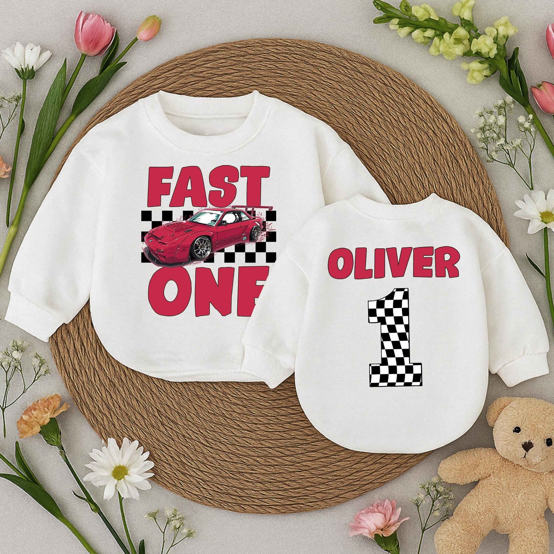 Fast One Race Car Birthday Outfit Boy or Girl, First Birthday Romper, Red Checkered Flag Number One Personalized Racing Theme Baby Clothes 1st Bday