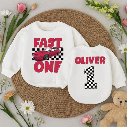 Fast One Race Car Birthday Outfit Boy or Girl, First Birthday Romper, Red Checkered Flag Number One Personalized Racing Theme Baby Clothes 1st Bday