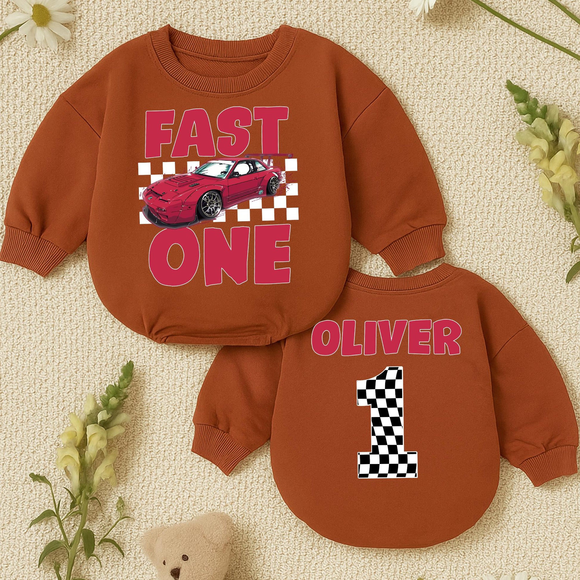 Fast One Race Car Birthday Outfit Boy or Girl, First Birthday Romper, Red Checkered Flag Number One Personalized Racing Theme Baby Clothes 1st Bday