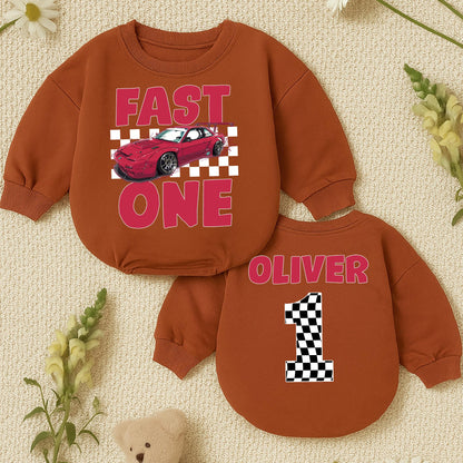 Fast One Race Car Birthday Outfit Boy or Girl, First Birthday Romper, Red Checkered Flag Number One Personalized Racing Theme Baby Clothes 1st Bday