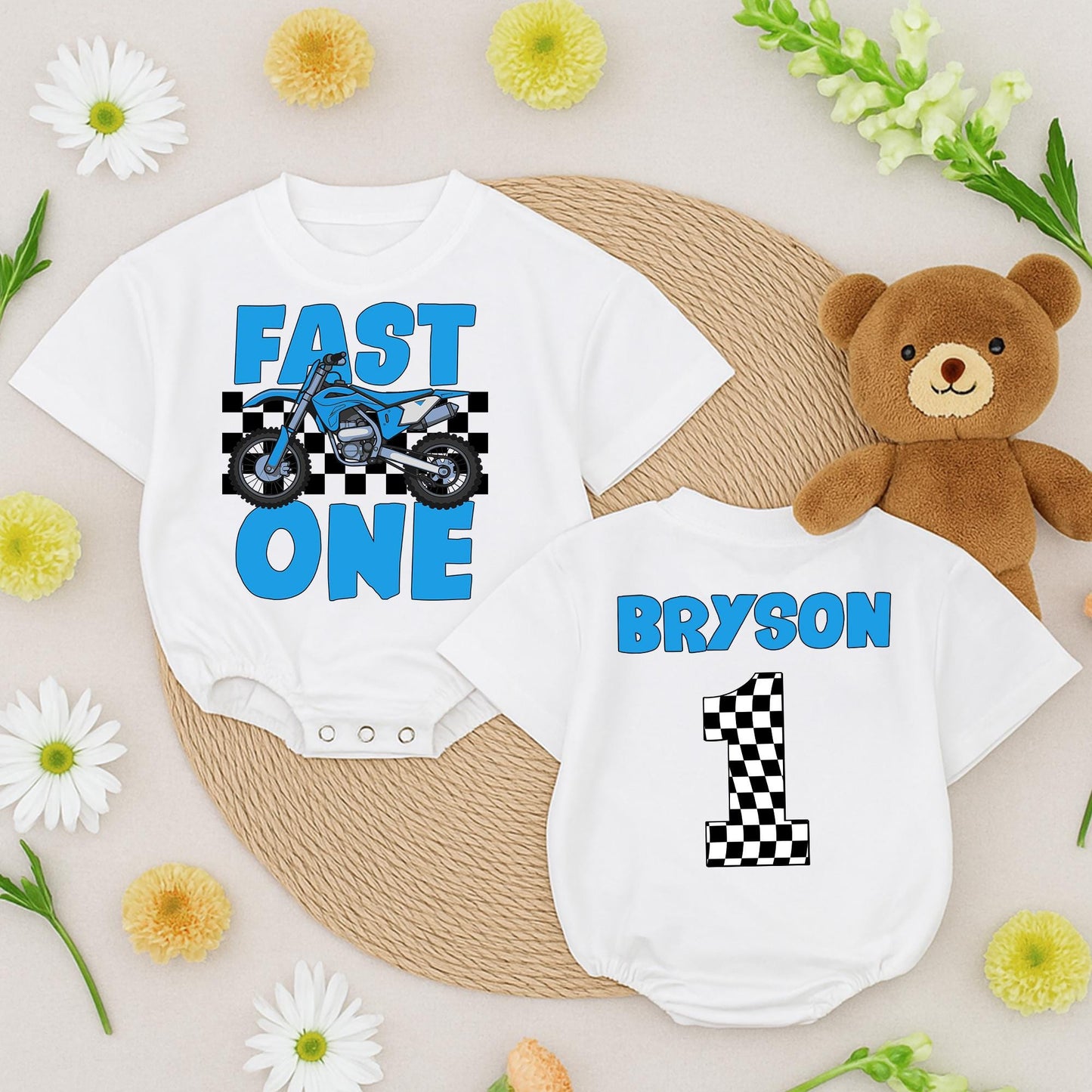 Fast One Racing Birthday Shirt for Baby Boy Blue Motorcycle Checkered Flag First Birthday Outfit