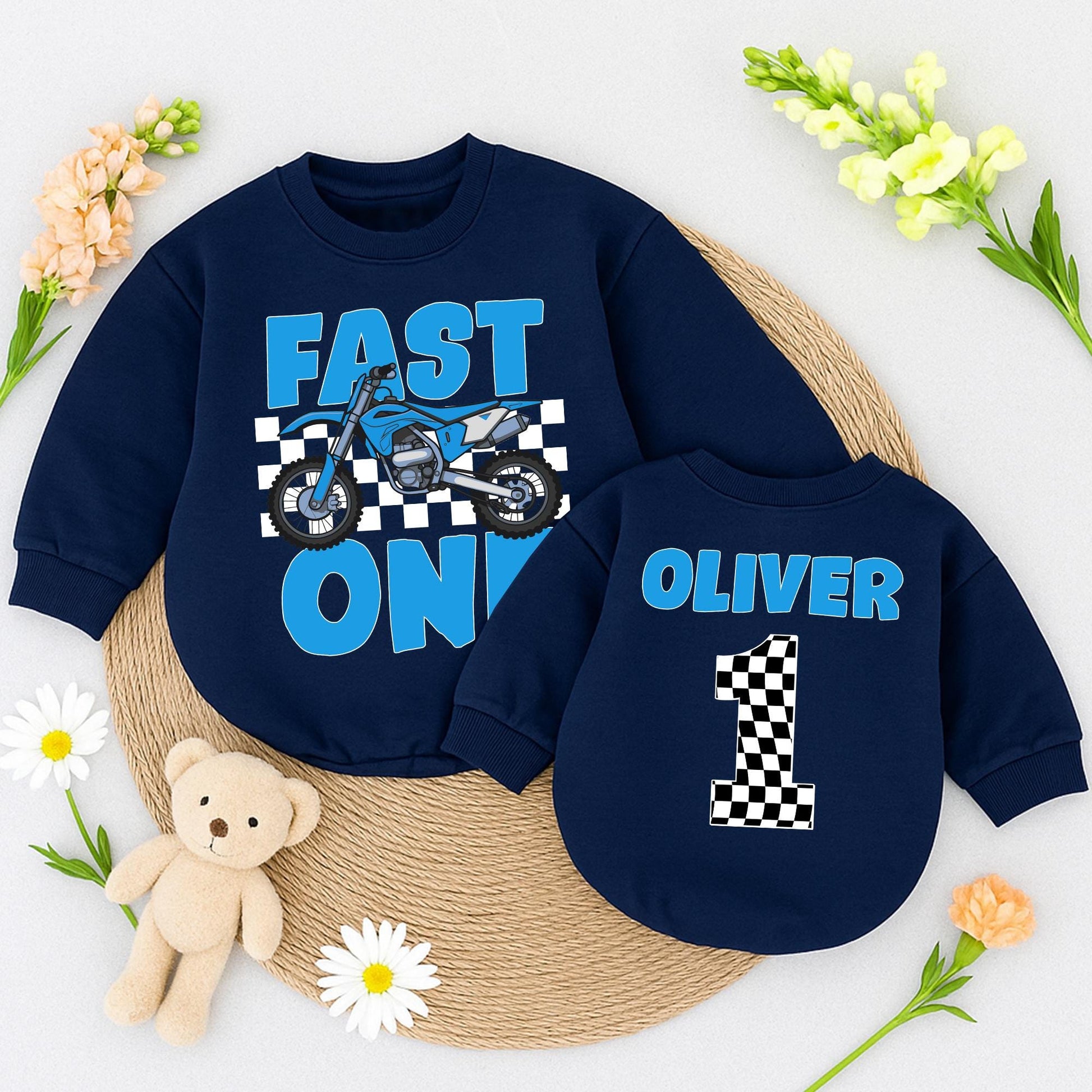 Fast One Racing Birthday Shirt for Baby Boy Blue Motorcycle Checkered Flag First Birthday Outfit
