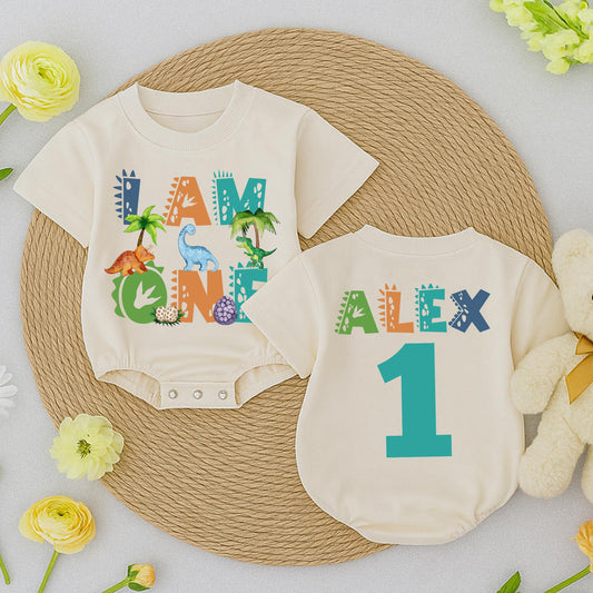 Alex's 1st Birthday Dinosaur Romper Cute Dino Scale Pattern "I Am One" Outfit for Baby Boys