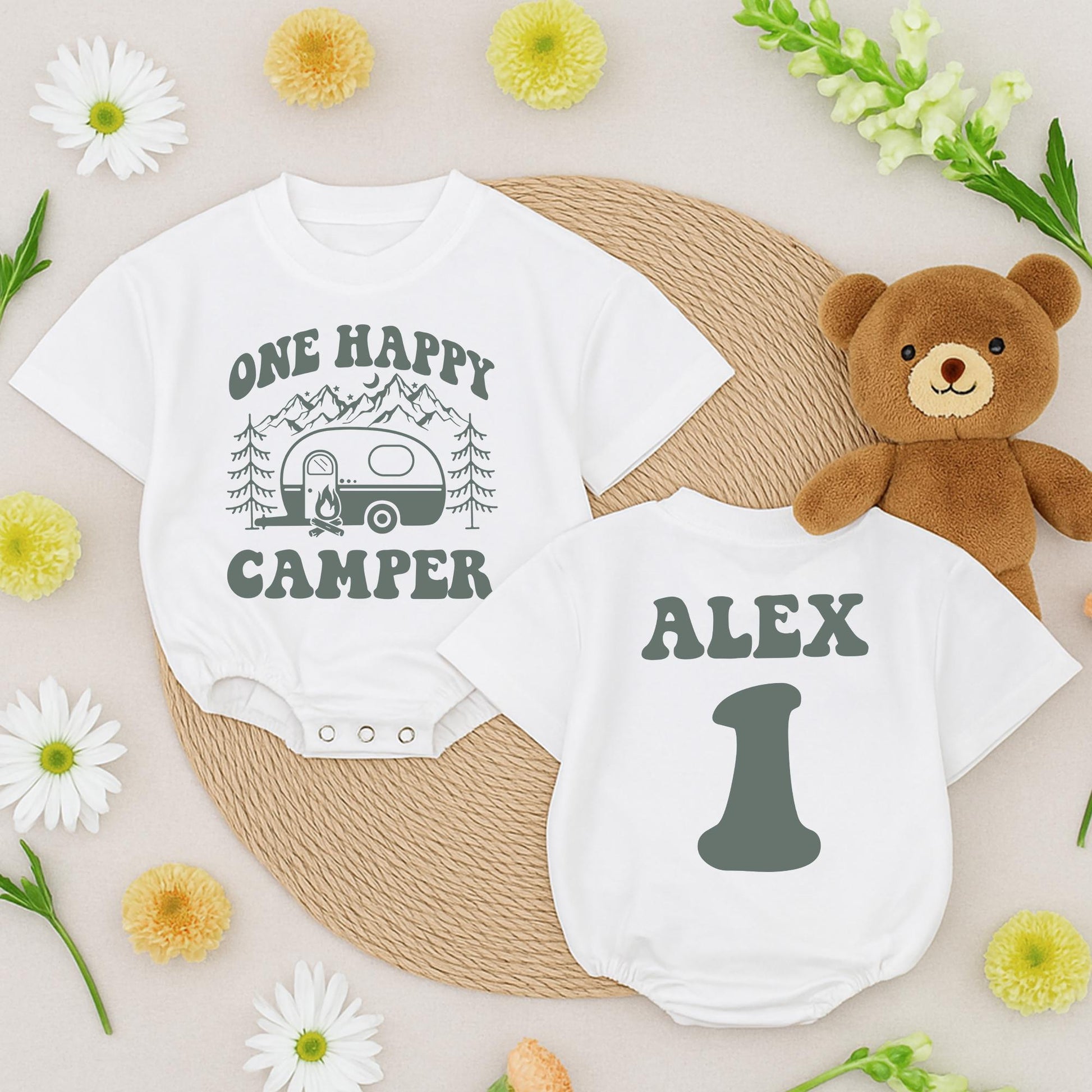 Personalized One Happy Camper Baby Bubble Romper for 1st Birthday Camping Outfit Boy Girl Alex 1