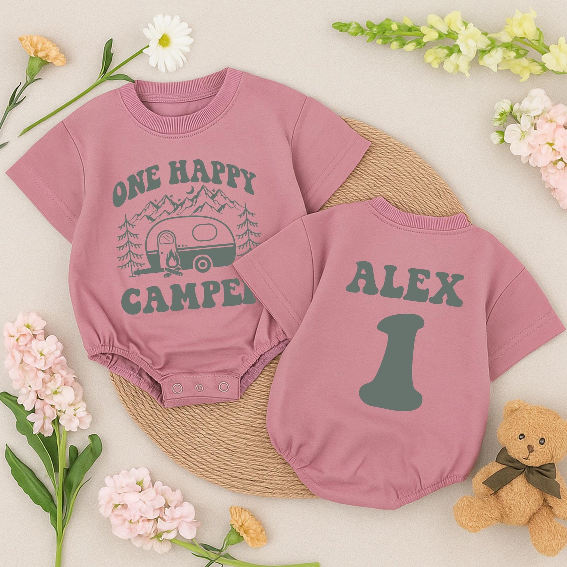 Personalized One Happy Camper Baby Bubble Romper for 1st Birthday Camping Outfit Boy Girl Alex 1
