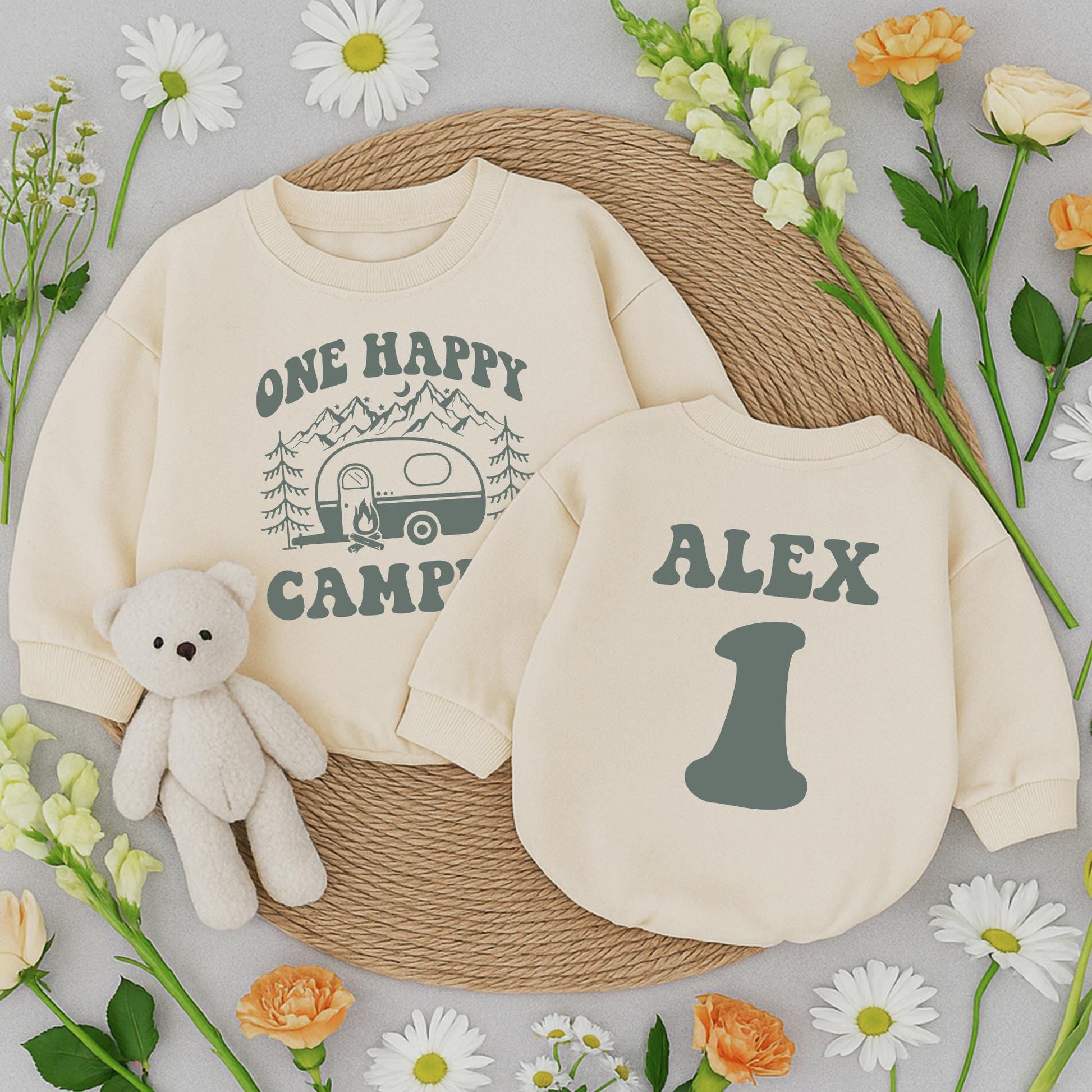 Personalized One Happy Camper Baby Bubble Romper for 1st Birthday Camping Outfit Boy Girl Alex 1