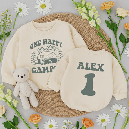Personalized One Happy Camper Baby Bubble Romper for 1st Birthday Camping Outfit Boy Girl Alex 1