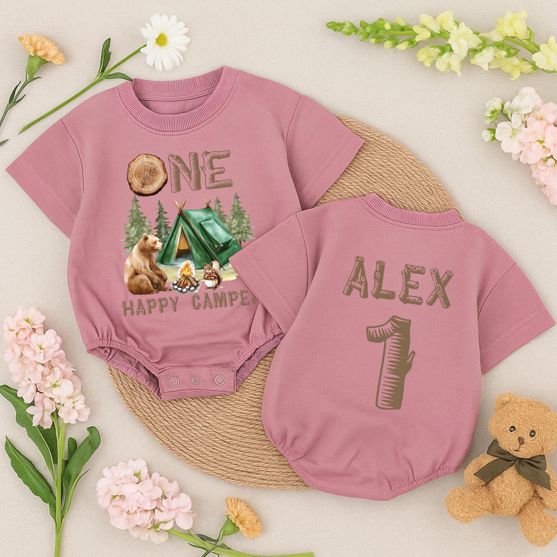 Personalized One Happy Camper Baby Romper Retro First Birthday Camping Adventure Outfit Toddler Boys Girls Baby Shower Gift Earthy Vintage Design