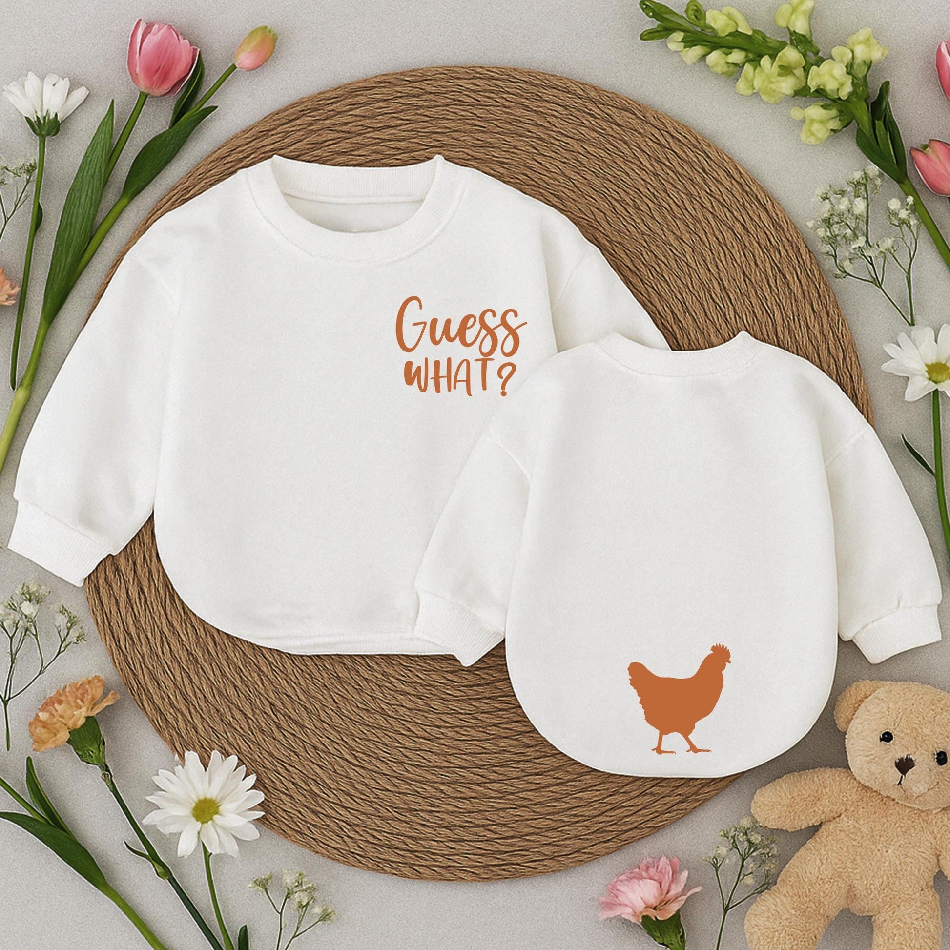 Guess What Chicken Butt Baby Romper Funny Double Sided Bodysuit Gender Neutral Baby Shower Gift Cute Newborn Outfit White Text