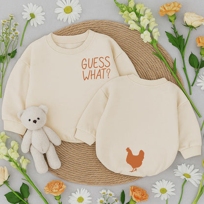 Guess What Chicken Butt Baby Romper Funny Baby Bodysuit White Chicken Silhouette Gender Neutral Outfit Cute Baby Shower Gift Double Sided