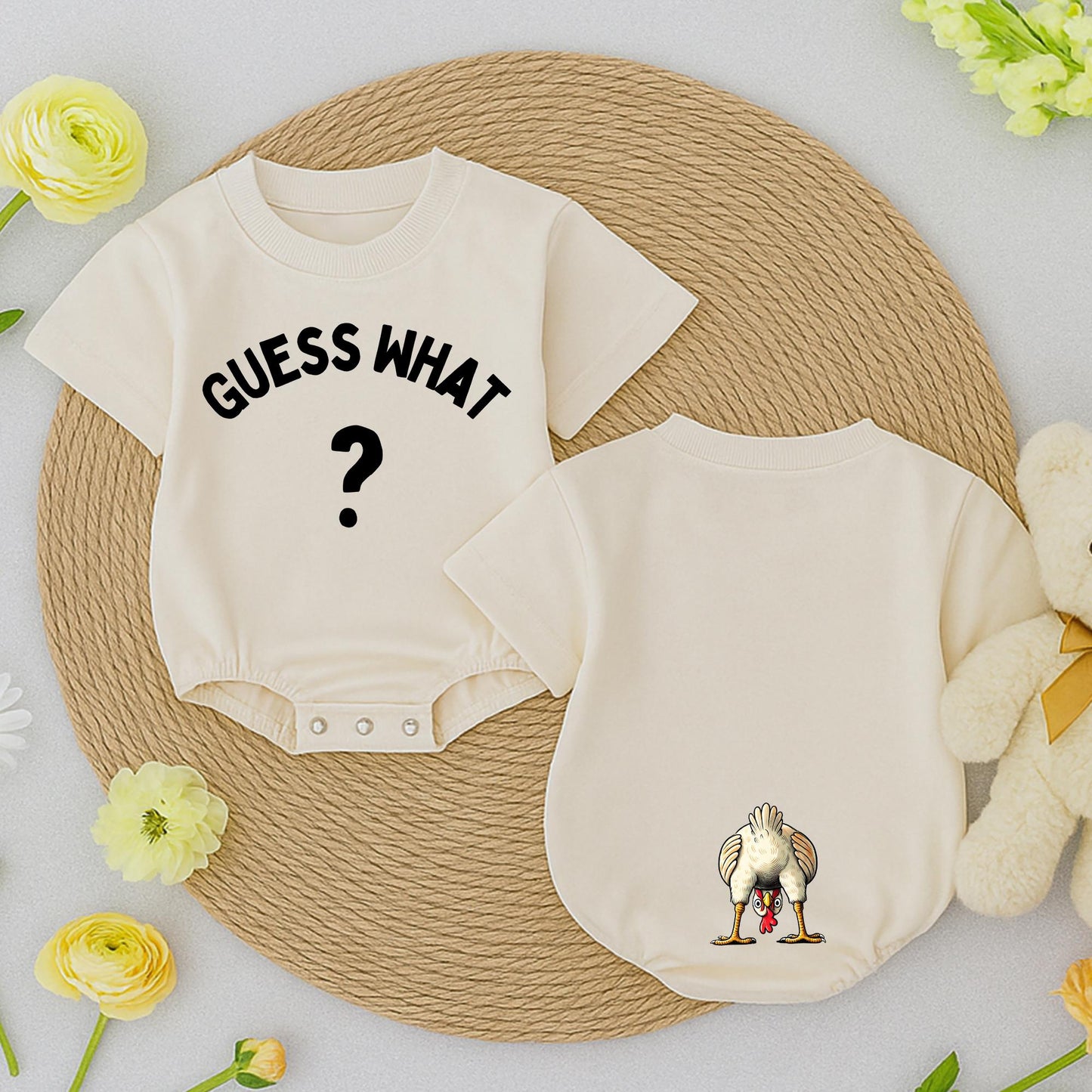 Guess What Chicken Butt Baby Romper Funny Bodysuit, Gender Neutral, Baby Shower Gift, Whimsical Chicken Design, Newborn Outfit