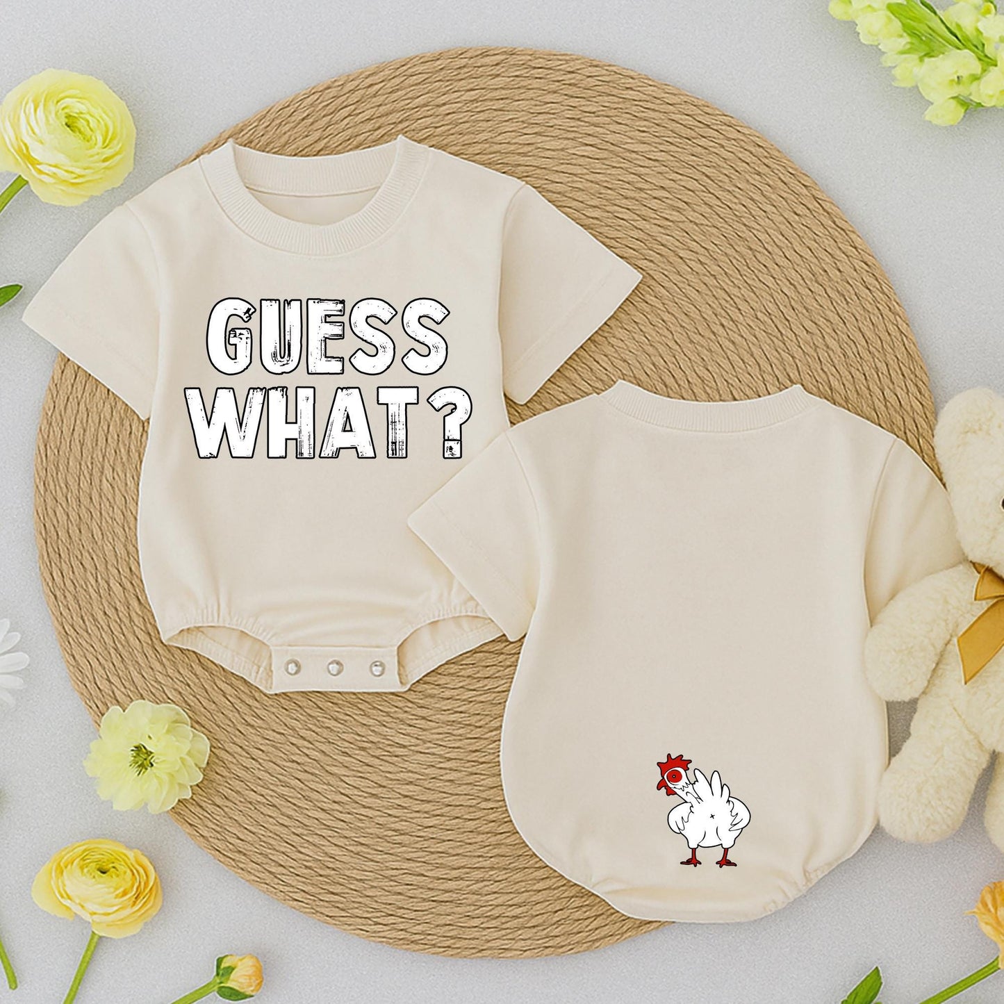 Guess What Chicken Butt Funny Baby Romper Gender Neutral Newborn Outfit Cute Baby Shower Gift Double Sided