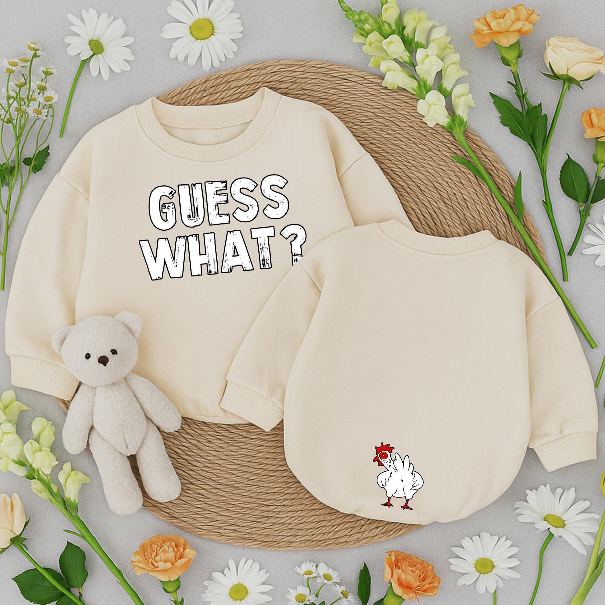 Guess What Chicken Butt Funny Baby Romper Gender Neutral Newborn Outfit Cute Baby Shower Gift Double Sided