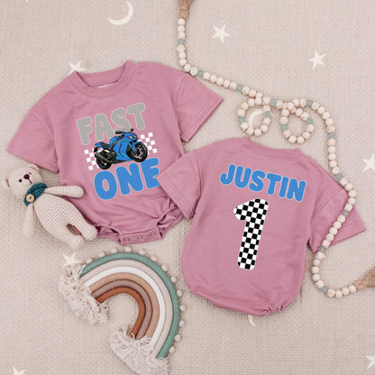 Fast One 1st Birthday Romper: Blue Motorcycle Graphic, Justin Design Baby Boy Outfit, Biker Theme 1st Birthday Shirt