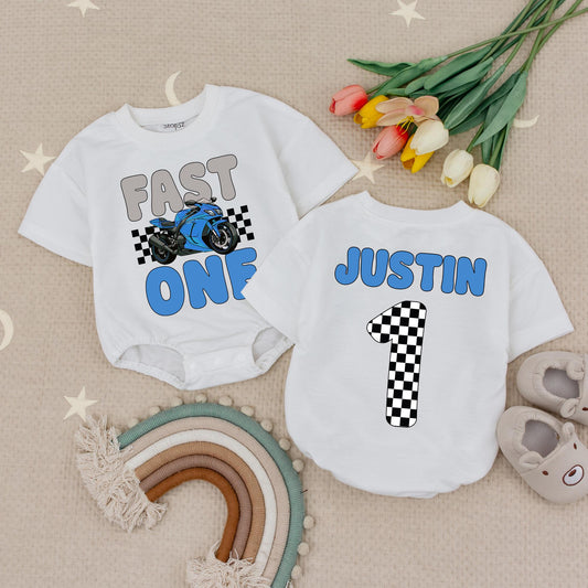 Fast One 1st Birthday Romper: Blue Motorcycle Graphic, Justin Design Baby Boy Outfit, Biker Theme 1st Birthday Shirt