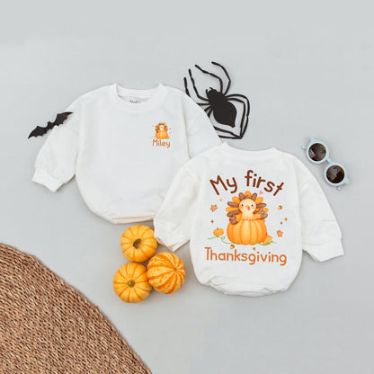 Custom Name My First Thanksgiving Baby Bubble Romper Turkey Day Holiday Outfit Infant Bodysuit Adorable Autumn Celebration Gift