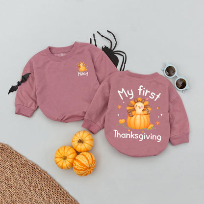 Custom Name My First Thanksgiving Baby Bubble Romper Turkey Day Holiday Outfit Infant Bodysuit Adorable Autumn Celebration Gift