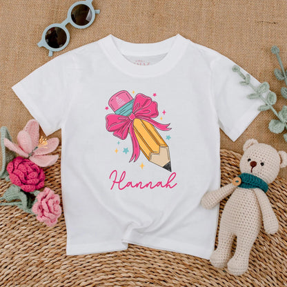 Personalized Pencil Bow Baby Romper Custom Name Back To School First Day Preschool Girl Toddler Gift