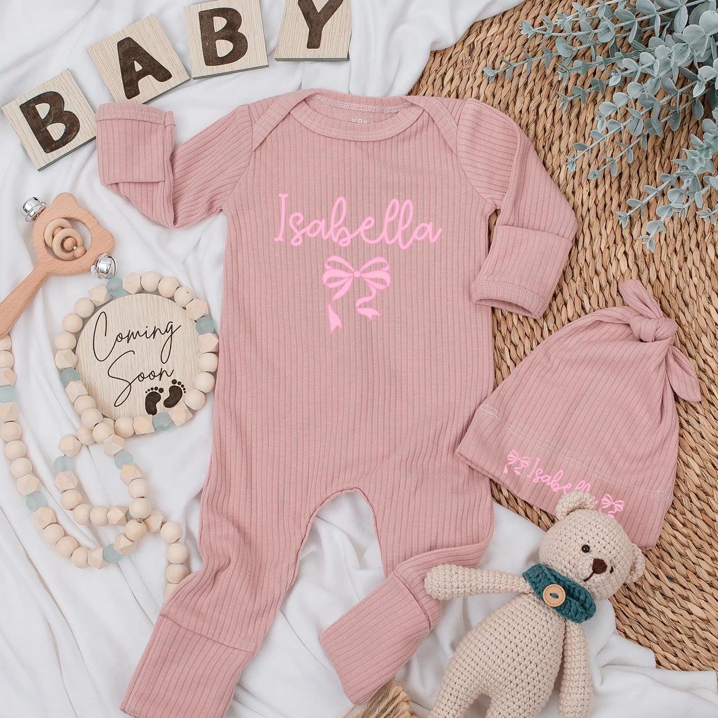 Custom Baby Girl Bodysuit with Name, Pink Bow Romper Newborn Gift, Baby Shower Outfit, Coming Home Clothes