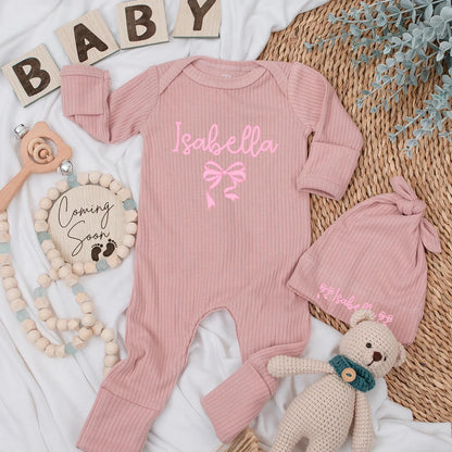 Custom Baby Girl Bodysuit with Name, Pink Bow Romper Newborn Gift, Baby Shower Outfit, Coming Home Clothes