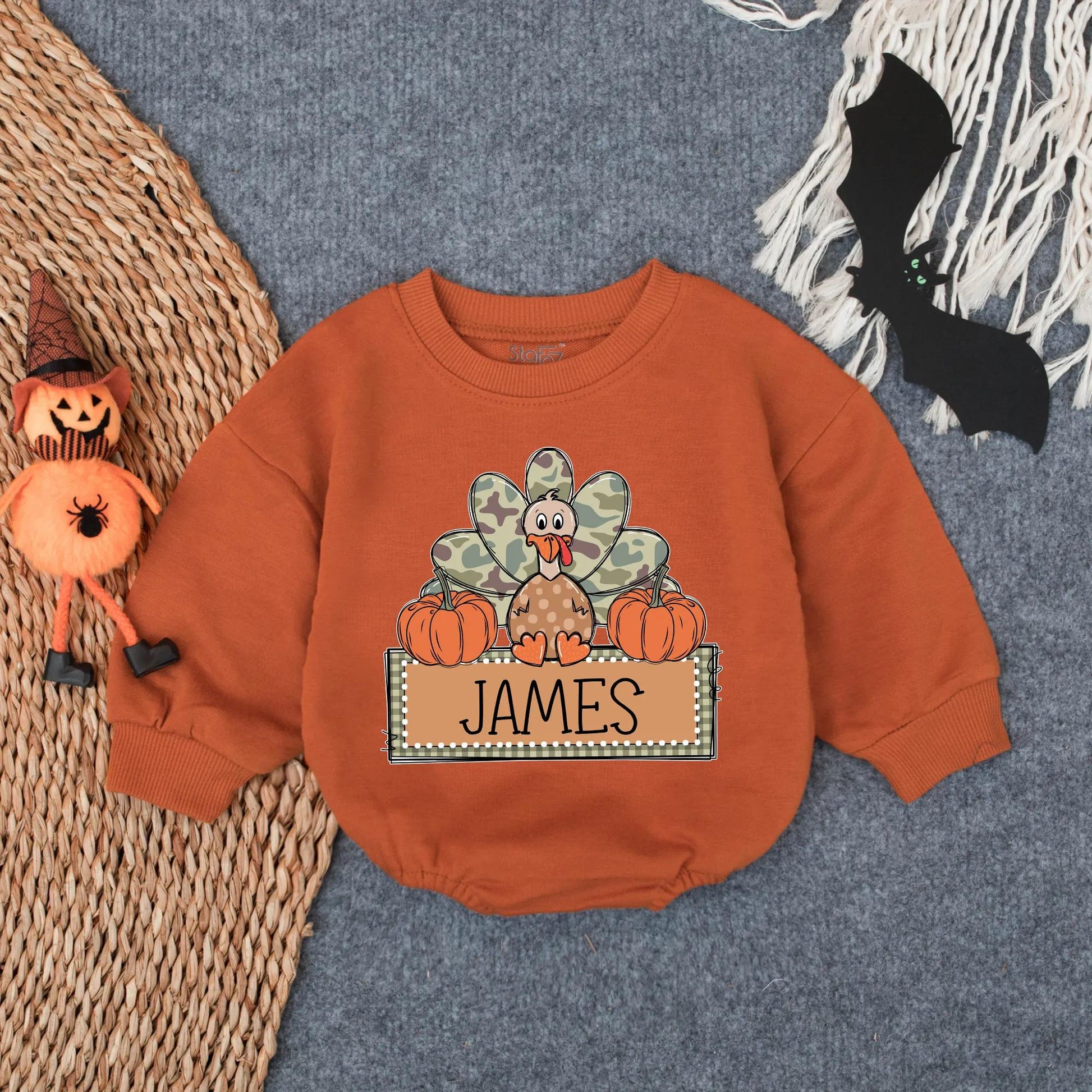 Custom Camo Turkey Boy First Thanksgiving Bubble Romper Infant Bodysuit Cozy Baby Fall Outfit Toddler Autumn Celebration Wear