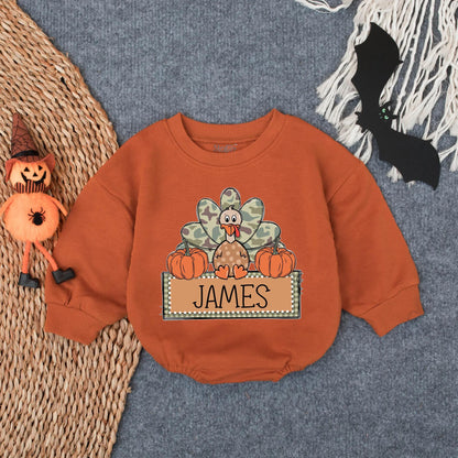 Custom Camo Turkey Boy First Thanksgiving Bubble Romper Infant Bodysuit Cozy Baby Fall Outfit Toddler Autumn Celebration Wear