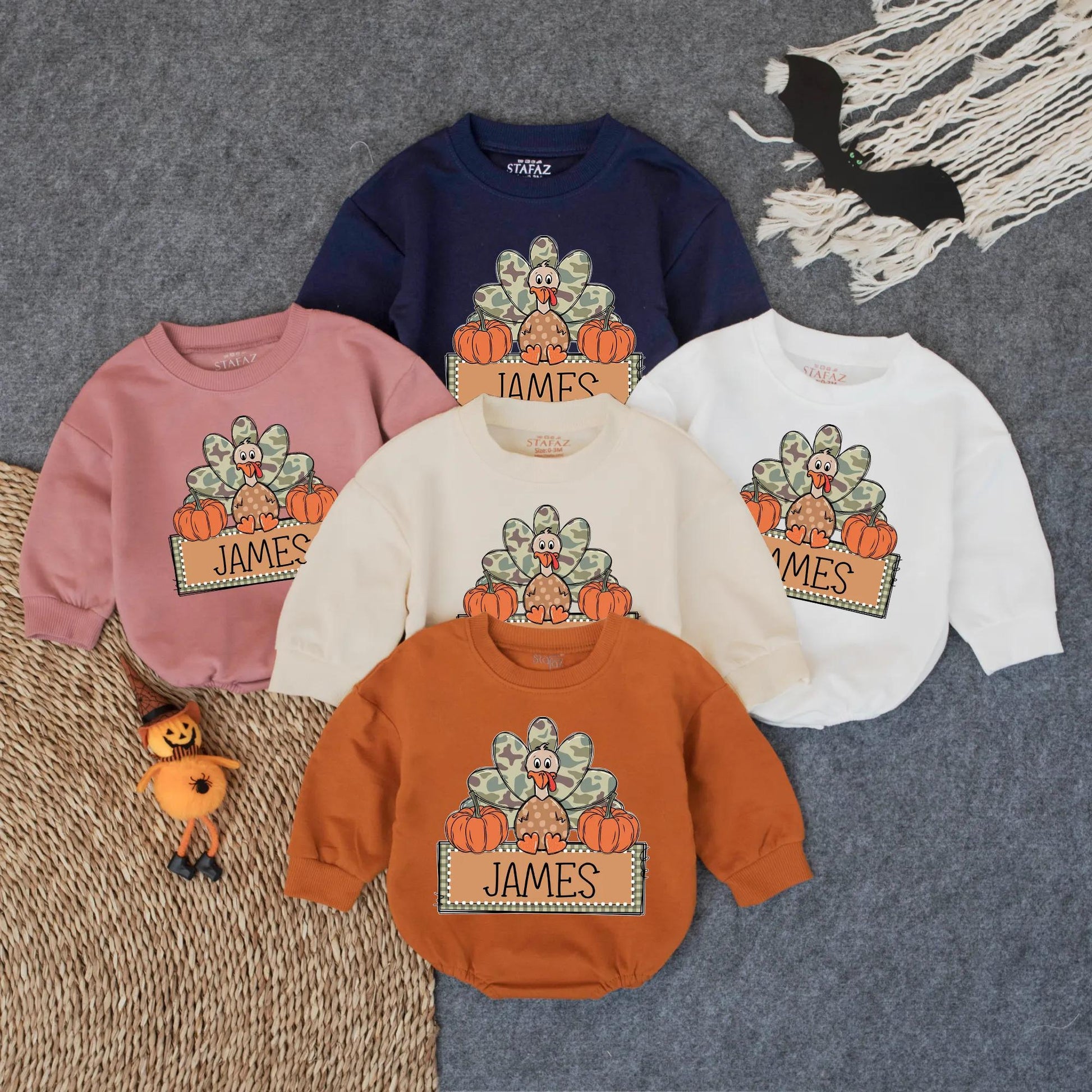 Custom Camo Turkey Boy First Thanksgiving Bubble Romper Infant Bodysuit Cozy Baby Fall Outfit Toddler Autumn Celebration Wear